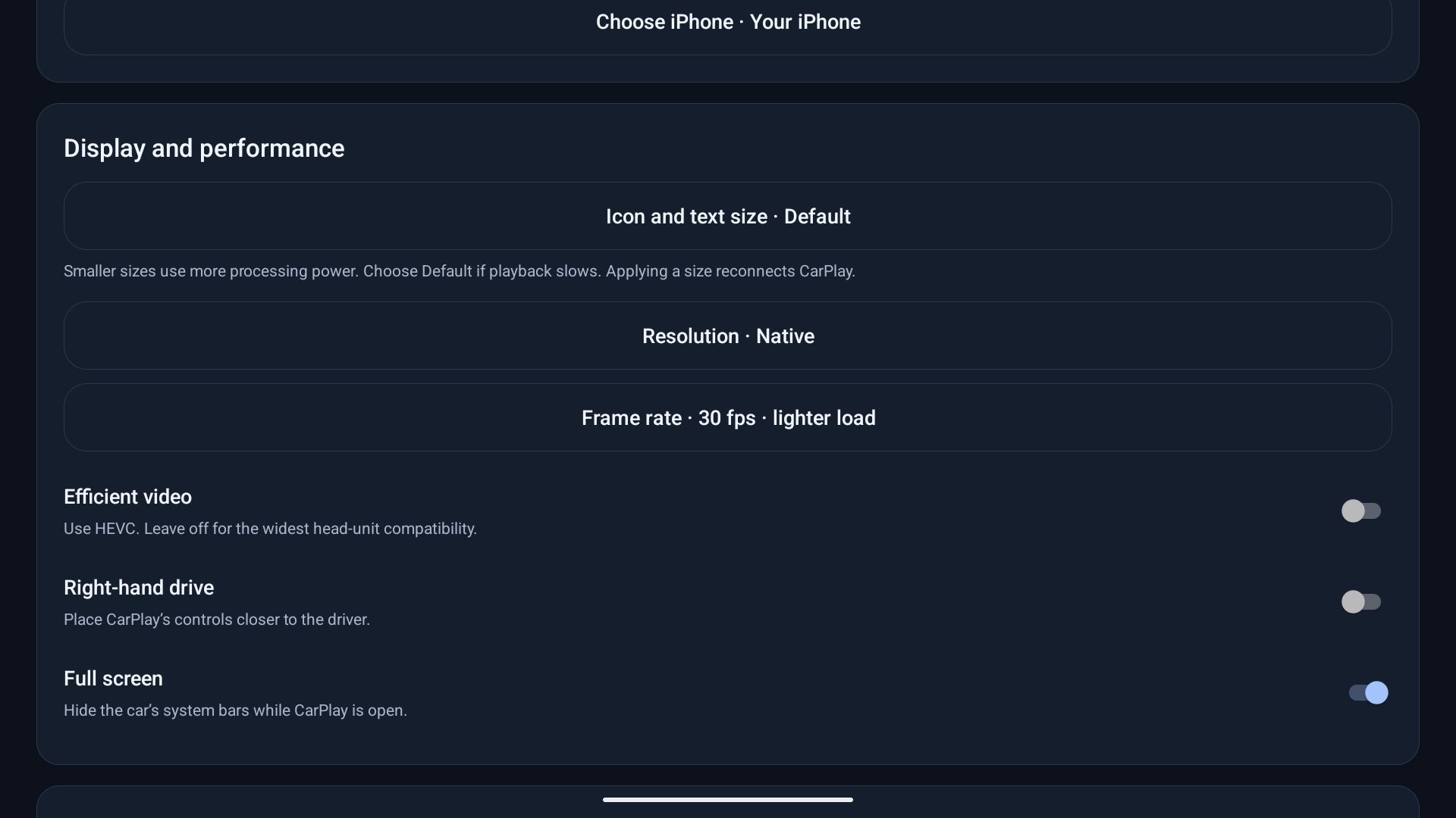 DiPlay display settings for resolution, frame rate, efficient video and full screen